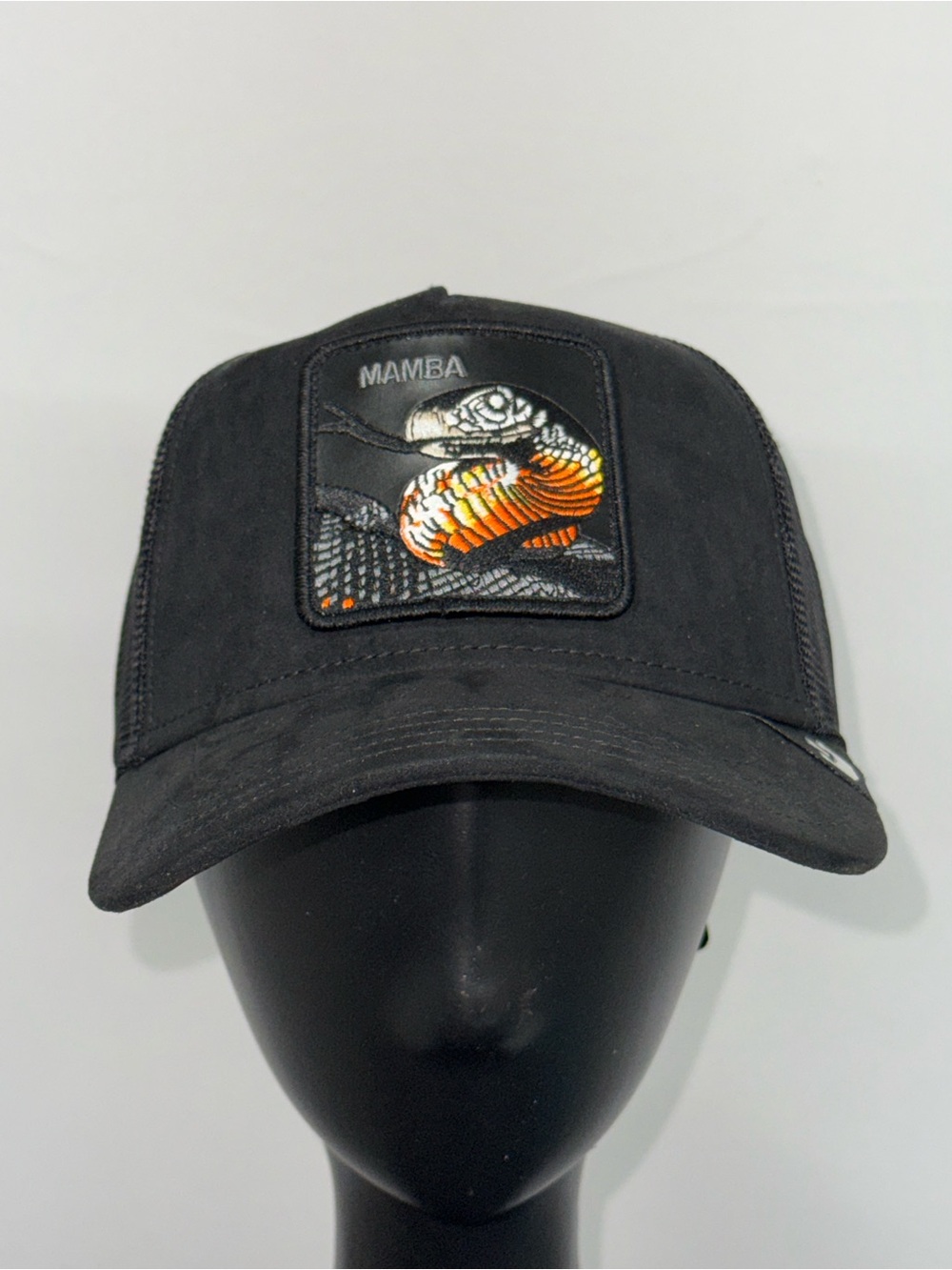 Goorin Bros Black Suede Leather MAMBA Snake Embroidered Trucker Snapback Hat NWT